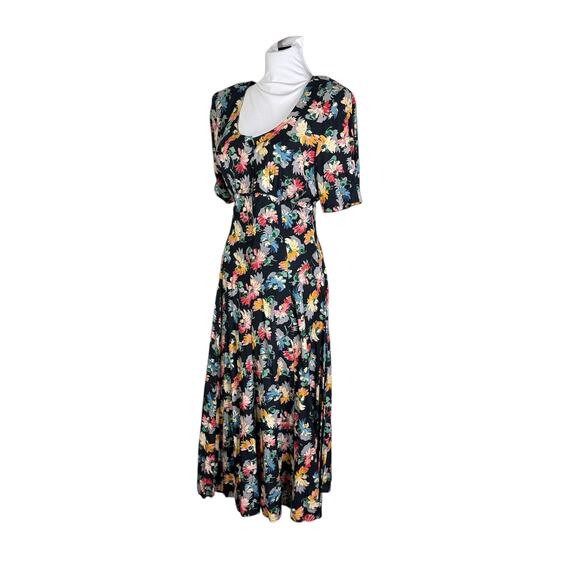Vintage 90s Rayon Floral Button Front midid ankle Dress XS - Picture 8 of 8